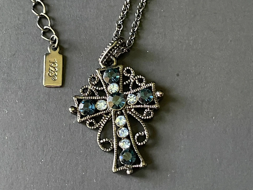 Collar Cruz Retro Renacimiento Victoriano 1928 Años 80 con Piedras Azules Foto 2 de 4