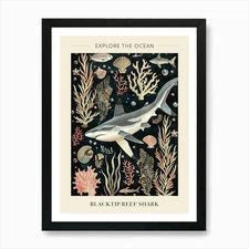 Blacktip Reef Shark Seascape Black  Framed Wall Art Poster Canvas Print Picture