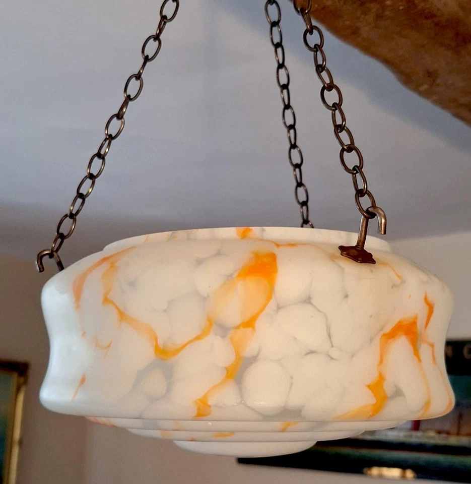 Plafonier de techo de vidrio grande Art Deco años 30 Flycatcher cuenco colgante pantalla en muy buena condición Foto 3 de 4