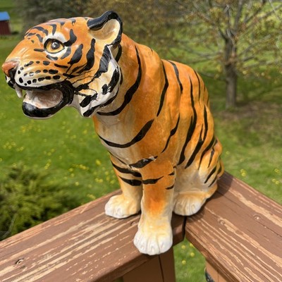 AMAZING ITALIAN GLAZED TERRACOTTA SMILING TIGER STATUE , HAND CRAFTED 11.5 