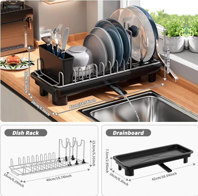 Escurridor de Platos Pequeño con Porta Utensilios y Base Antirayaduras Negro Foto 3 de 4