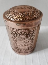 Vintage Dose mit Deckel Beteldose Reliefprägung Kupfer Prägungen Elefant zylind