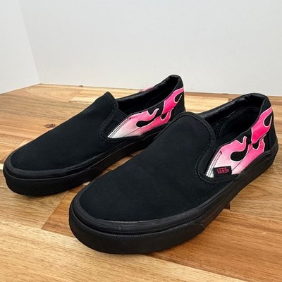 Vans Classic Slip-On Black Pink Flame Sneakers Womens 5.5 Mens 4.0 Low Top Shoes