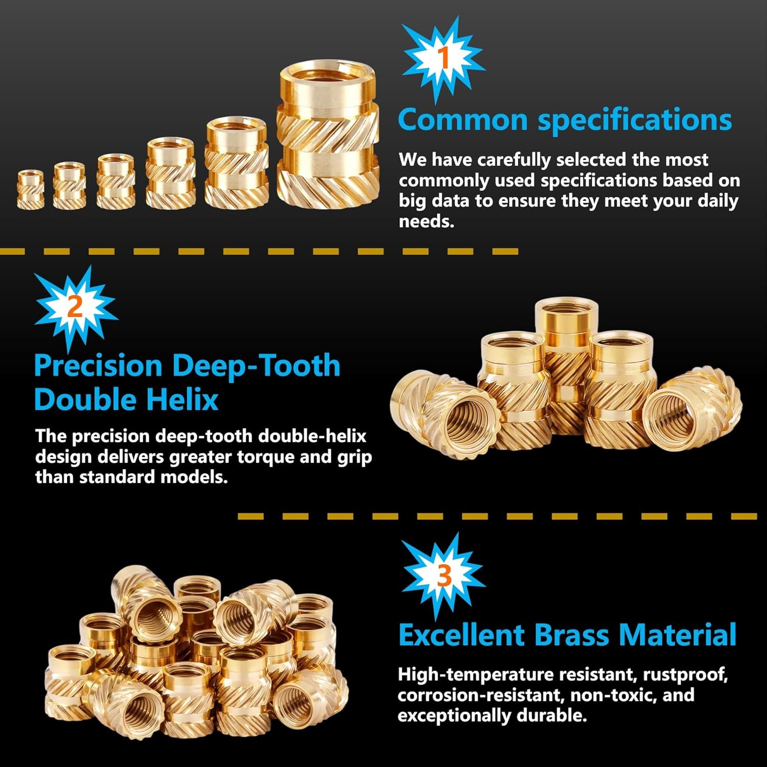 320+8Pcs Premium Brass Threaded Inserts，M2 M2.5 M3 M4 M5 Thread Metric Knurled