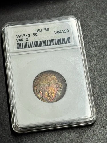 1913 S Type 2 Buffalo Nickel ANACS AU58 Old Soapbox Toning Toned Coin (1584)