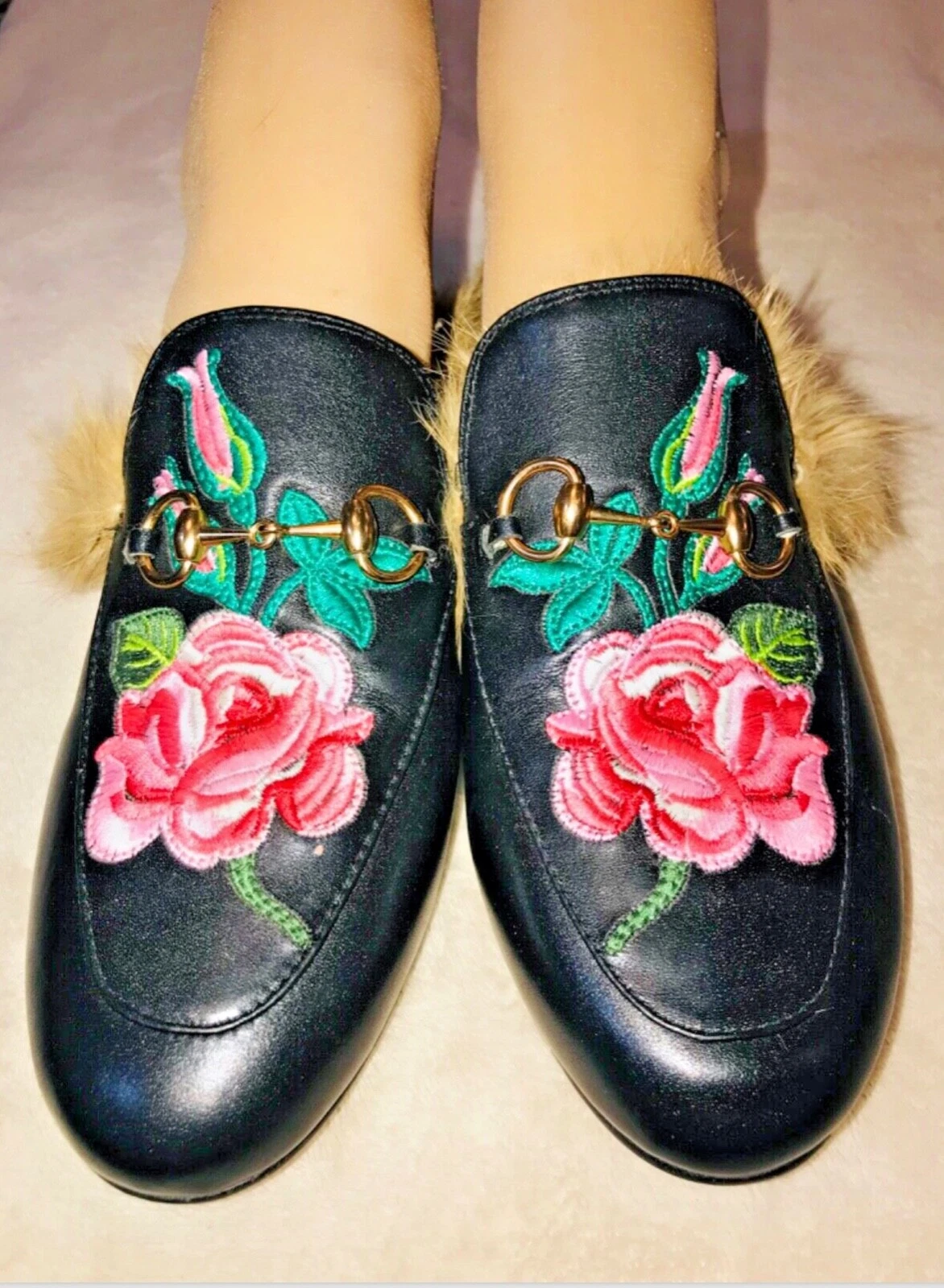 Mules en fourrure d'équitation pour femmes GUCCI Princetown rose taille 36
