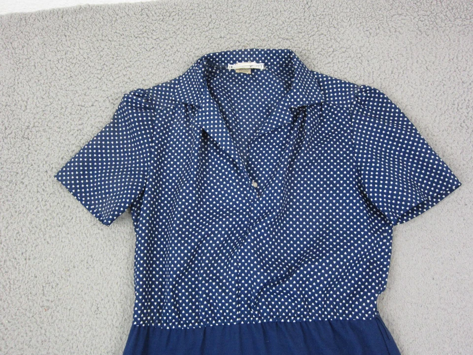 Vintage Leslie Fay Dress Medium Blue Hearts A-Line Midi Shirt Made in USA 80s - Image 2 of 4