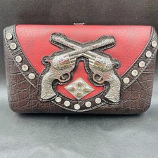 Texas Western Style Wallet Double Guns Red Burgundy Black Silver Pistol Design
