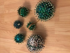 Vintage Lot Green Blue Mirrored Starburst Snowflake Sequin Christmas Ornaments 
