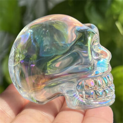 2'' titanium white colorful aura smelting quartz skull crystal skull Figurines1pc