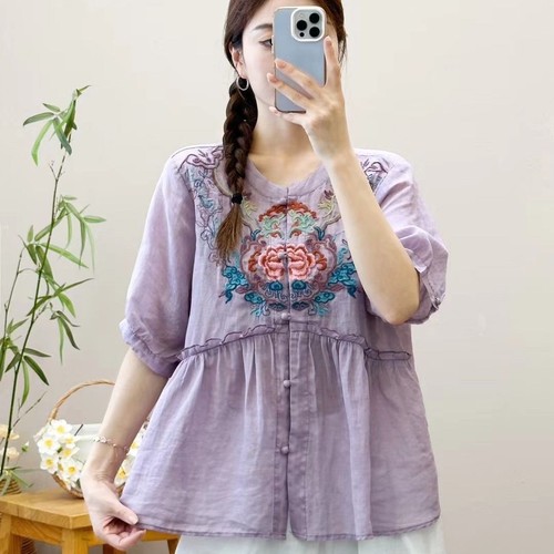 Shirt Retro Loose Ethnic Cotton Linen Embroidered Tops Chinese Summer Cardigan - Picture 3 of 26