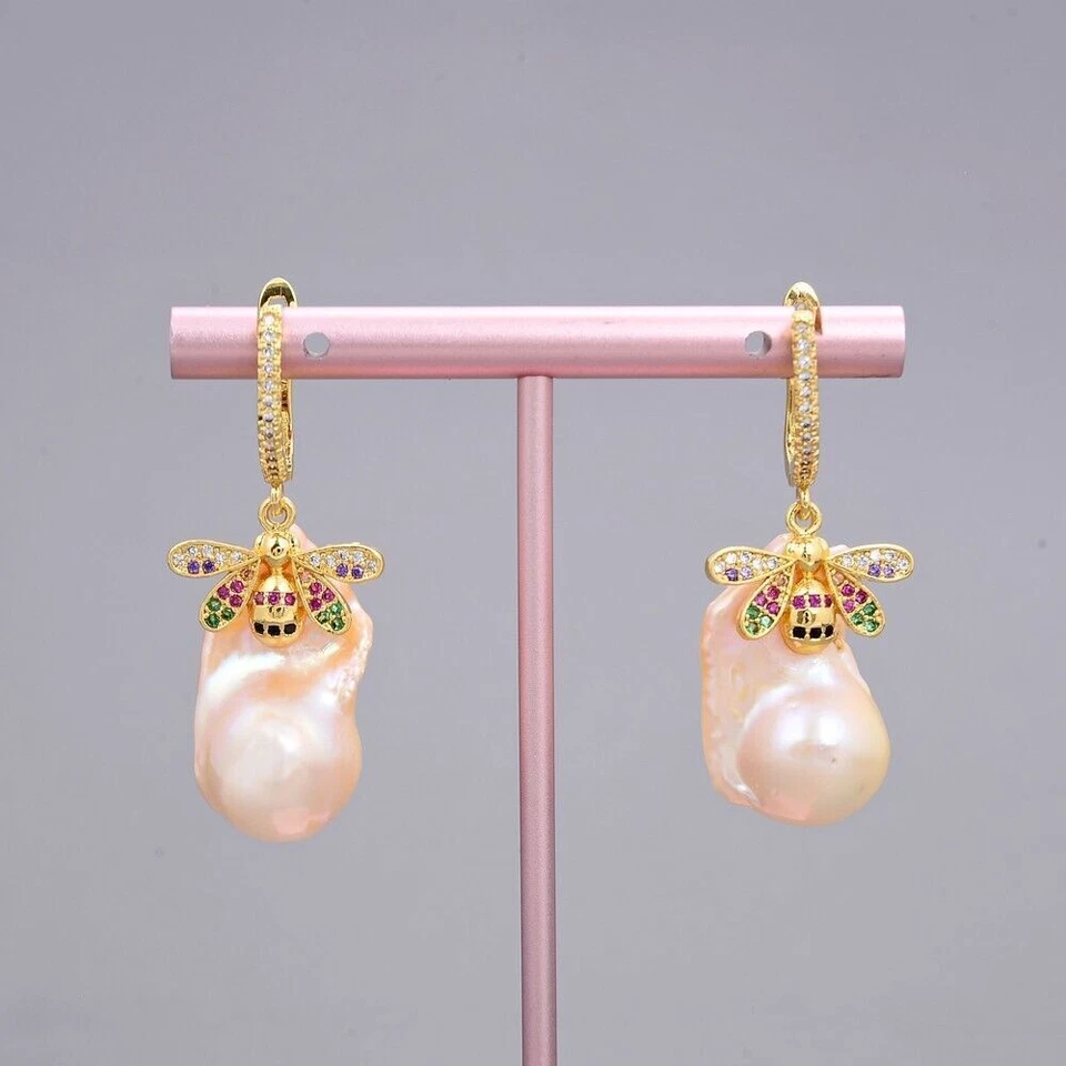 Brincos de pérola natural cultivada rosa pérola Keshi pérola Cz pavê alavanca de insetos costas - Imagem 4 de 4