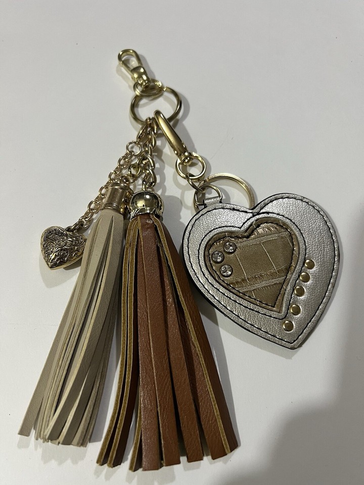 KATHY VAN ZEELAND KEYCHAIN HEART GOLD & SILVER TONE + UNBRANDED TASSEL