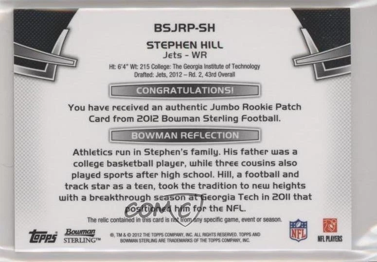 2012 Bowman Sterling Rookie Box Topper /99 Stephen Hill #BSJRP-SH Jumbo Patch RC - Image 2 of 2