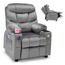 Kids Recliner Chair with Cup Holder, 26  x 28  x 34  L x W x H Grey