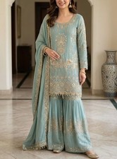 Heavy embroidered blue sharara suit with dupatta set for wedding and festive