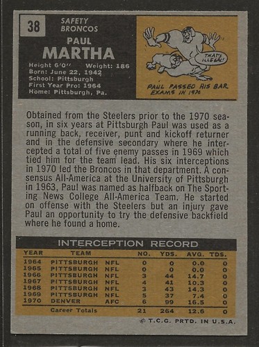 1971 Topps Football #38 Paul Martha Broncos - Picture 2 of 2