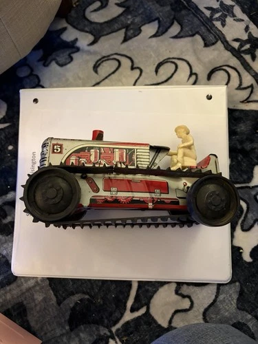 Marx Vintage Tin Wind-up Tractor Toy with Driver Red and White