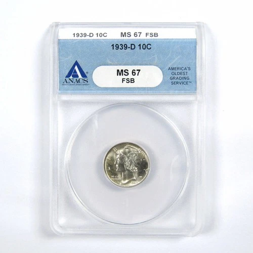 1939 D Mercury Dime MS 67 FSB ANACS 90% Silver Uncirculated SKU:I5787