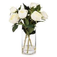 9 Heads Silk Rose Artificial Flowers in Vase,Faux Rose Flowers Arrangement in...