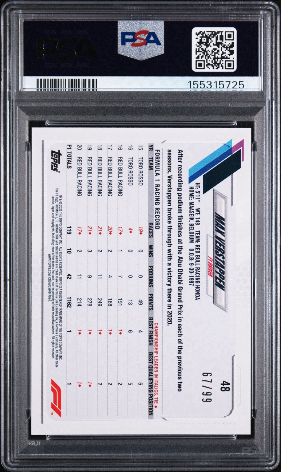 2021 TOPPS FORMULA 1 #48 MAX VERSTAPPEN BLUE /99 PSA 10 view 2