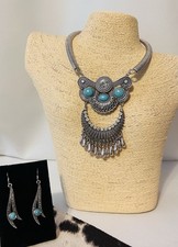 Fashion Jewelry Set Necklace Earrings Silver Tone Turquoise Adjustable Bohemian