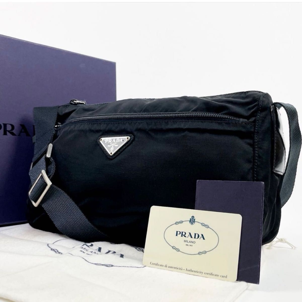 RARE PRADA Nylon & Leather Shoulder Bag with Triangular Logo in Black & Silver