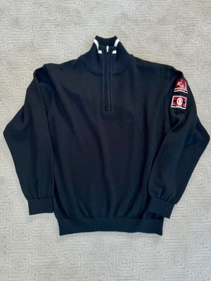 Vintage BOGNER Mens 1/4 Zip Black Wool Blend Ski Sweater Bogner Arm Patch Medium