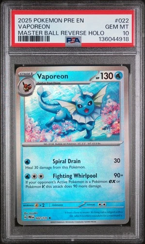 2025 POKEMON PRISMATIC EVOLUTIONS MASTER BALL REVERSE HOLO #022 VAPOREON PSA 10