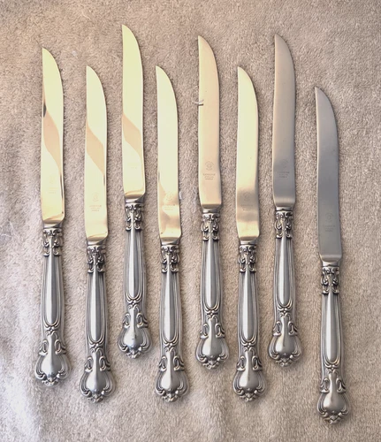 CHANTILLY by GORHAM sterling silver set 8 STEAK KNIVES 9 3/8" no mono