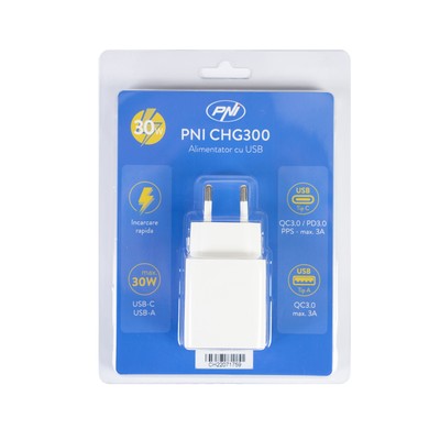 PNI CHG300 Netzteil mit USB C Port, QC3.0, PD3.0, PPS und USB-A Port, 30W