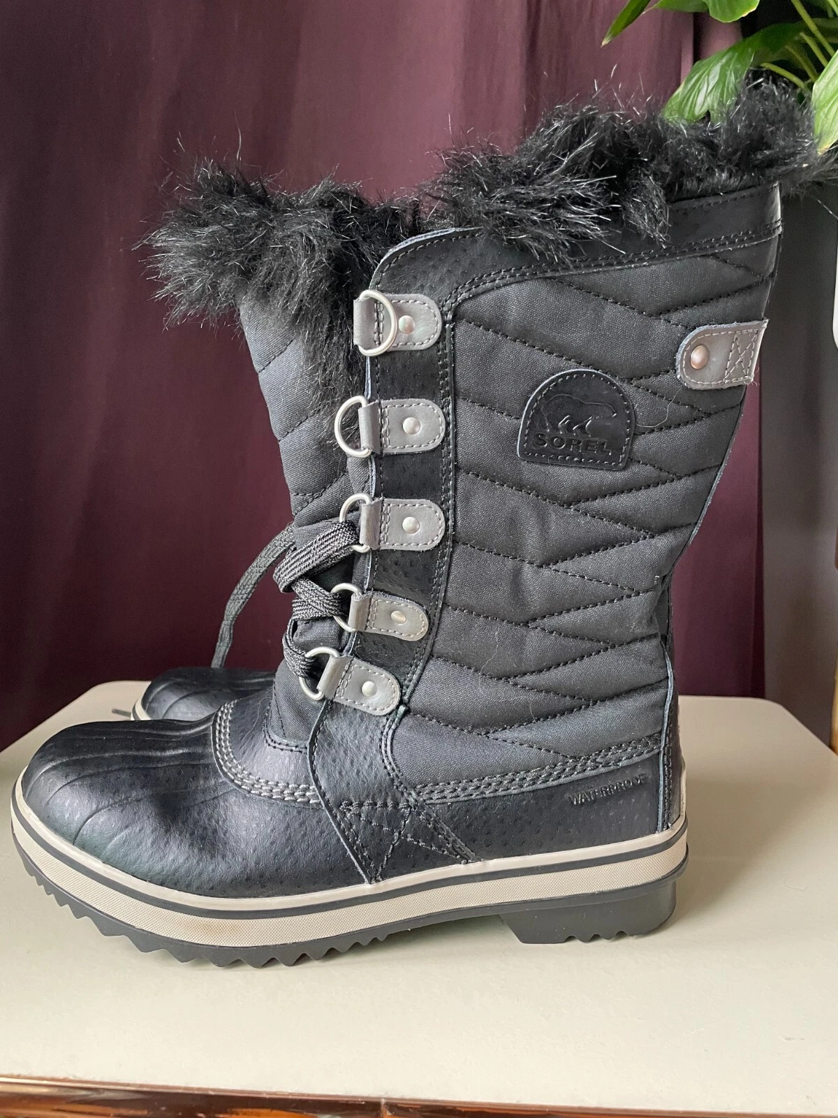 Sorel Tofino Black Faux Fur Waterproof Winter Snow Boots Women Size 6 ny2419-010