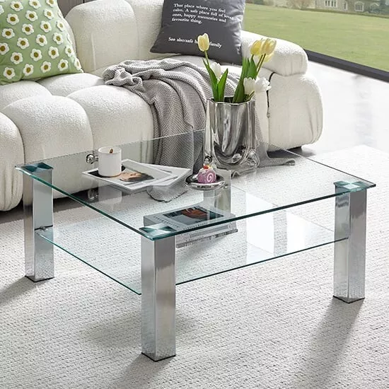 Square glass coffee table cheap with chrome legs