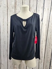 Anne Klein L Black Keyhole Detail Long Sleeve Top Blouse Shirt Stretch Career