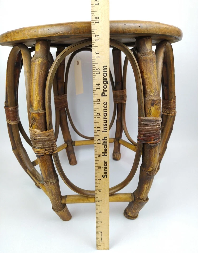 1960s Bent Bamboo 18" T Foot Stool Side Drinks Table Inlaid Pebbles Tiki Boho - Image 2 of 4