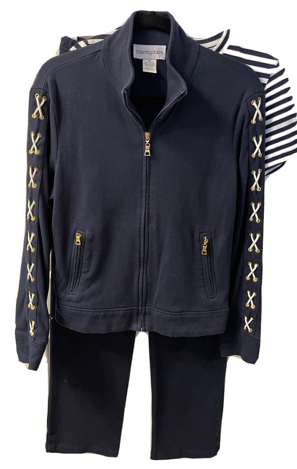 Bloomingdales Women M. 3 Piece Set. Navy/White Active Wear. Jacket