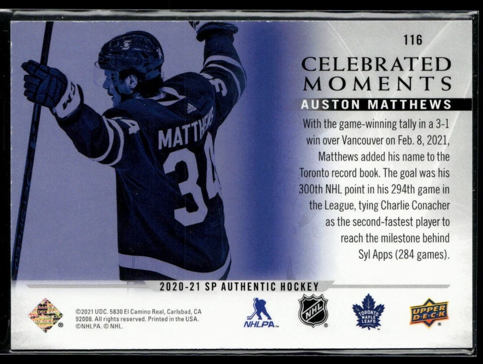 2020-21 SP Authentic Auston Matthews #116 - Image 2 of 2