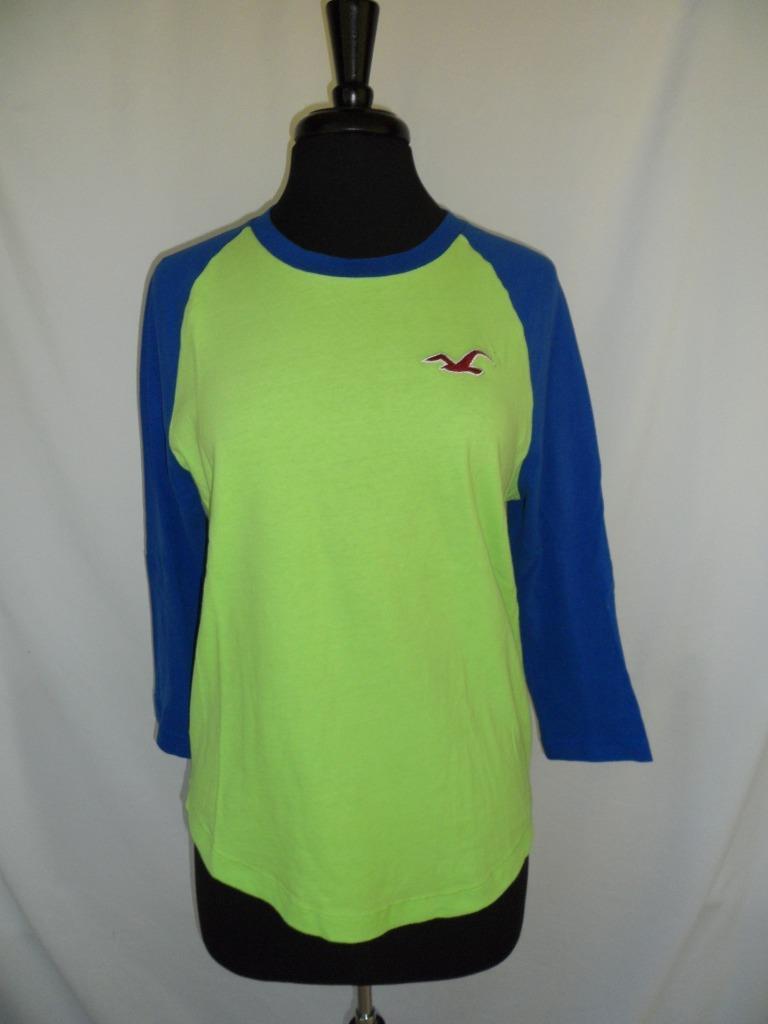 Mens Hollister Shirt Small Raglan Tee Green Blue Baseball 3/4 Length Sleeves