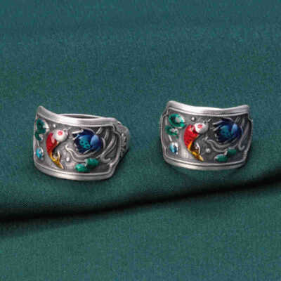 Drop Glue Year After Year Fish Ring Wide Face Lotus Lotus Koi Fish Ring