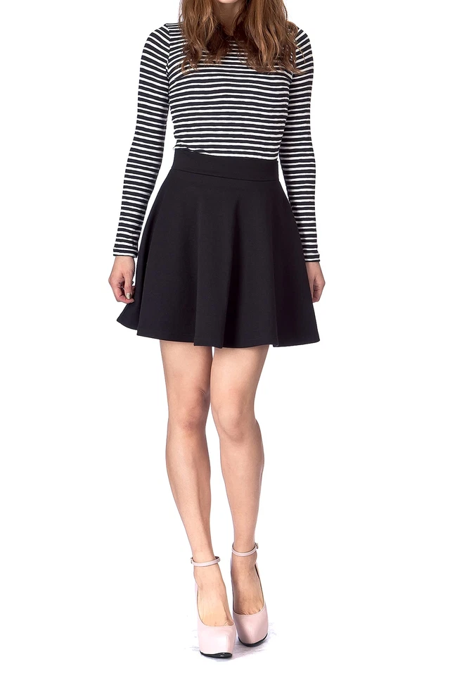 Minifalda básica de patinador informal acampanada de algodón elástico liso cintura alta línea A... Foto 2 de 4