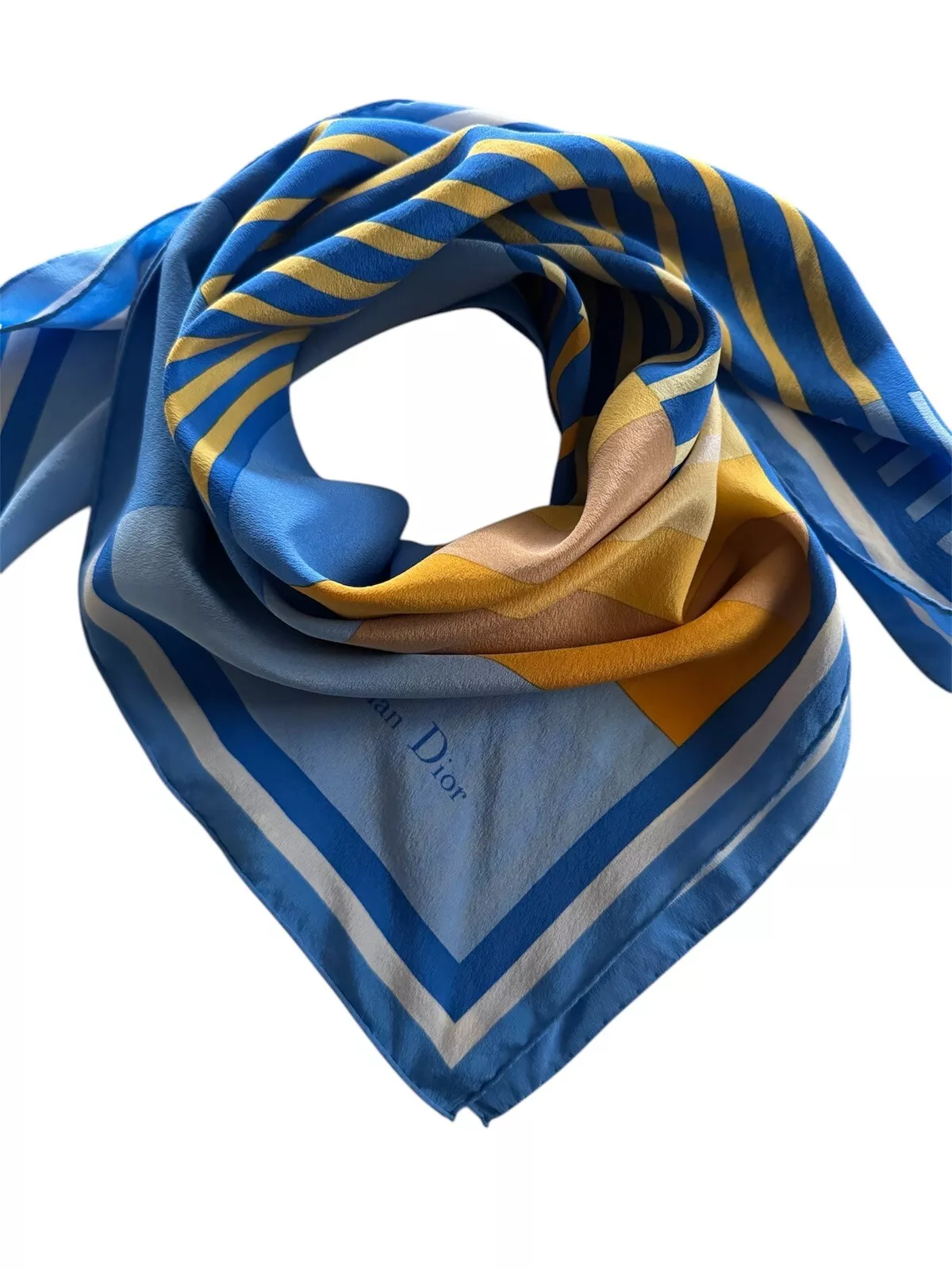 Foulard vintage Christian Dior 100% soie bleu jaune abstrait rare pour collection
