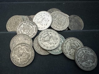 MESSICO LOTTO DI (27 ) MONETE ARGENTO MORELOS $1 UN PESO 1957 1967