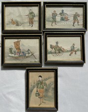 Set of 5 1920&rsquo;s Original Framed Chinese Stamp Art + Watercolour Postcards