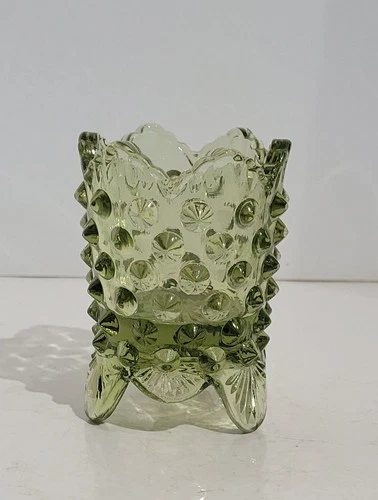 Vintage Fenton Colonial Green Hobnail 3-Footed Sawtooth Toothpick Holder