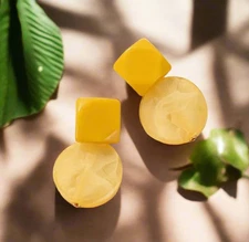 Pierced 2" silver and yellow square and dangle circle earrings