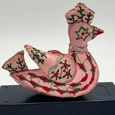 Vtg(?) Embroidered Satin Stitched Stuffed Fabric Chicken Christmas Ornament Pink