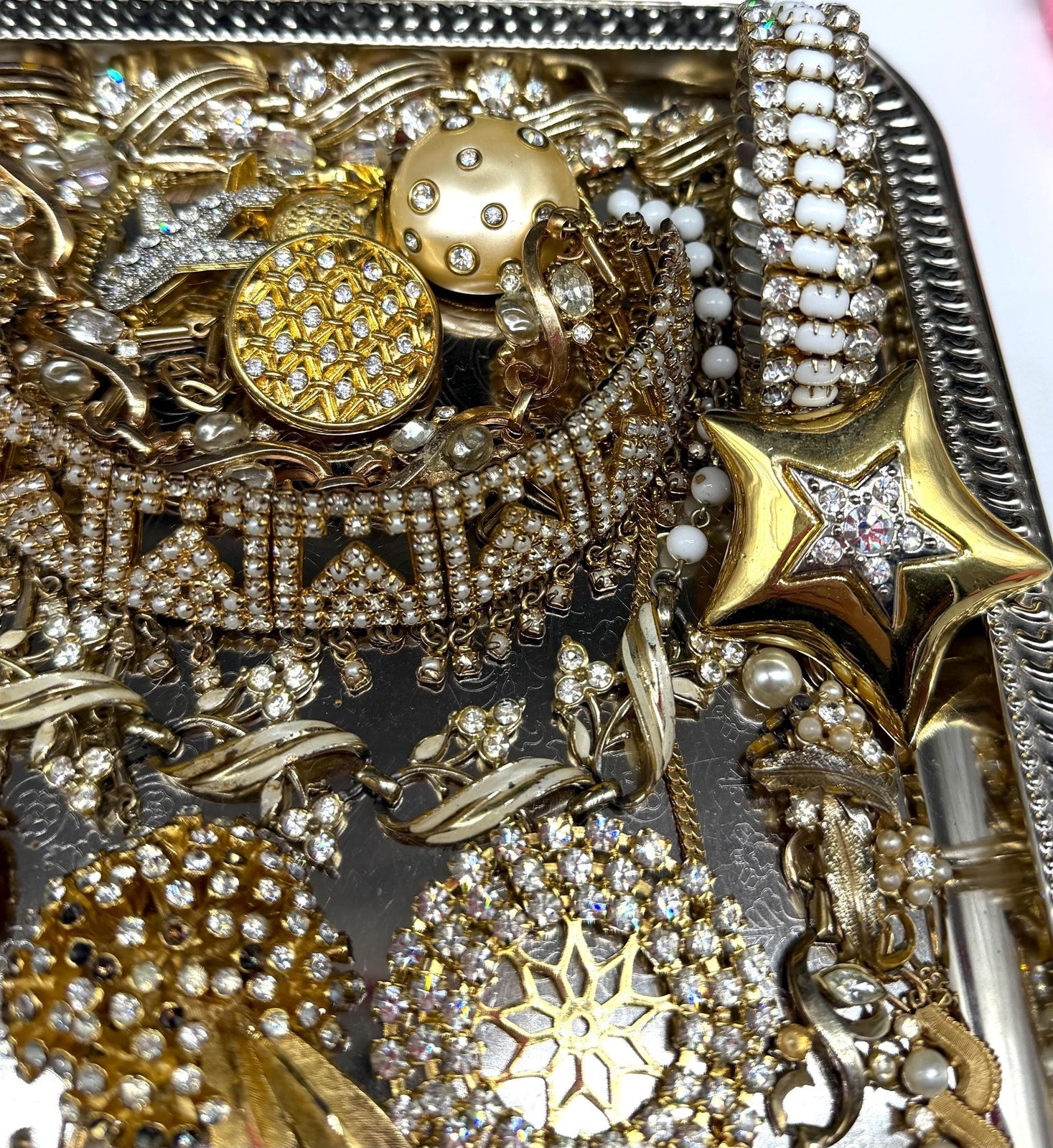 VINTAGE Gold Tone Broken Clear Rhinestone Costume Jewelry Lot Repair Brooch