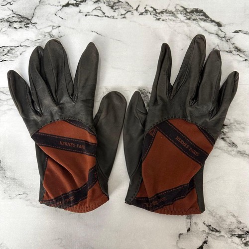 Limited HERMES Gloves Logo Lambskin Leather Bordeaux Black Authentic from JAPAN