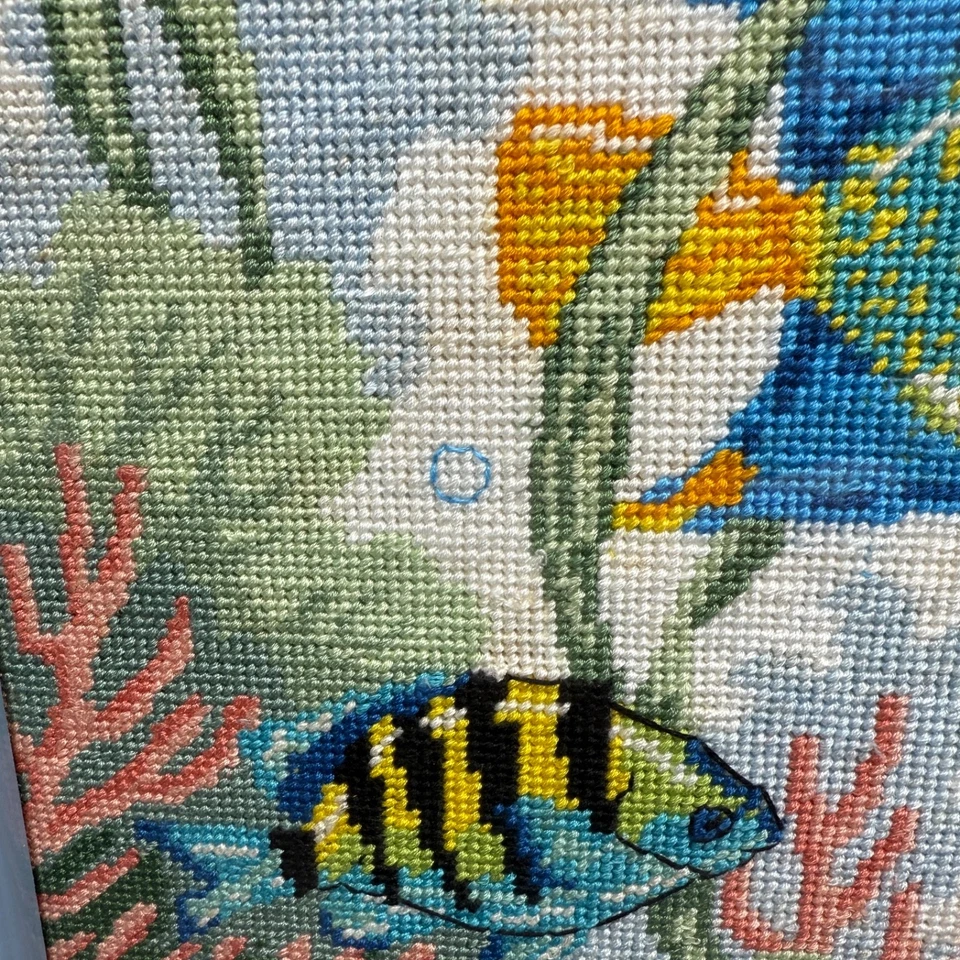 Vintage Ocean TROPICAL FISH Lovely Needlework 1990s Needlepoint Light Blue FRAME - Image 4 of 4