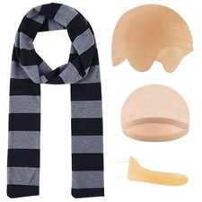 4 Pcs Adult Costume Kit Bald Head Cap Fake Long Nose Black Gray Striped...